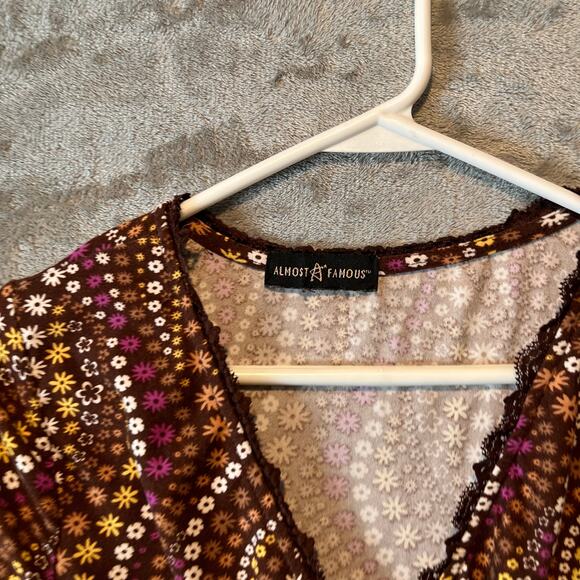 Vintage Y2K Brown Mesh Ruched Tie Front Long Sleeve Top Retro Floral Boho Small - Picture 2 of 5